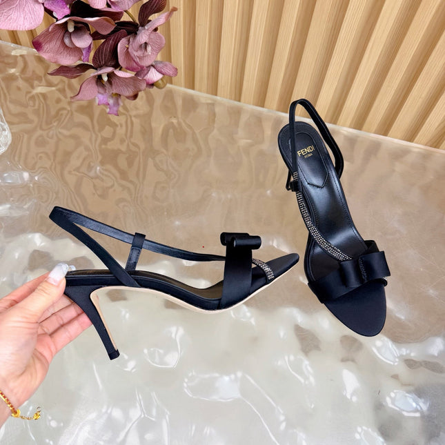 FENDI 26S HIGH-HEELED SANDALS 90 MM IN BLACK SATIN