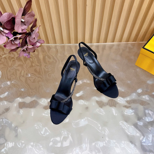 FENDI 26S HIGH-HEELED SANDALS 90 MM IN BLACK SATIN