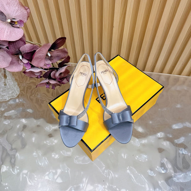 FENDI 26S HIGH-HEELED SANDALS 90 MM IN SOFT CORNFLOWER BLUE SATIN