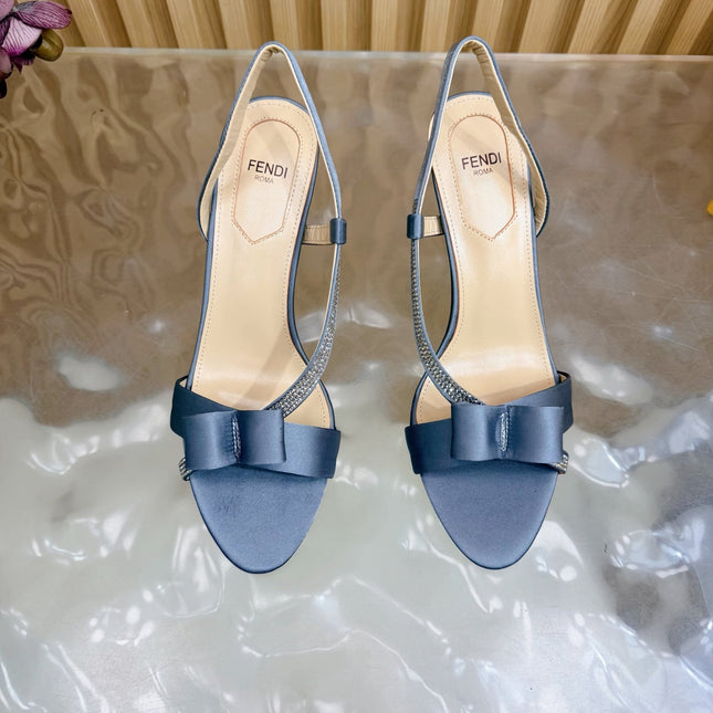 FENDI 26S HIGH-HEELED SANDALS 90 MM IN SOFT CORNFLOWER BLUE SATIN