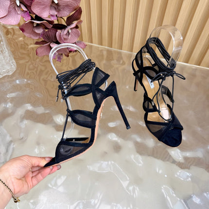 AQUAZZURA 26S SANDALS 100 MM IN BLACK SUEDE & MESH