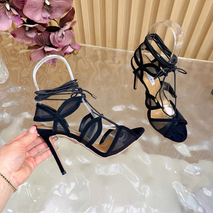AQUAZZURA 26S SANDALS 100 MM IN BLACK SUEDE & MESH