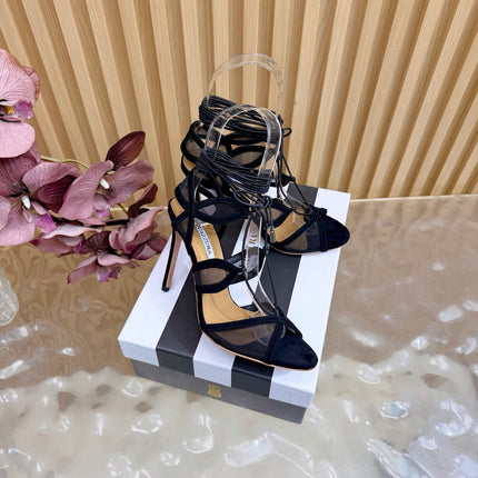 AQUAZZURA 26S SANDALS 100 MM IN BLACK SUEDE & MESH