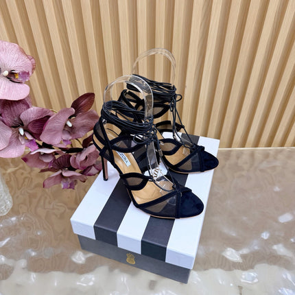 AQUAZZURA 26S SANDALS 100 MM IN BLACK SUEDE & MESH