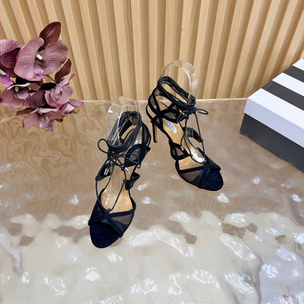AQUAZZURA 26S SANDALS 100 MM IN BLACK SUEDE & MESH