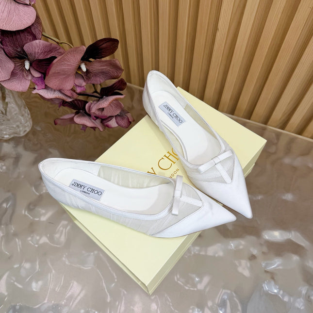JIMMY CHOO 26S FLATS IN WHITE MESH AND SATIN