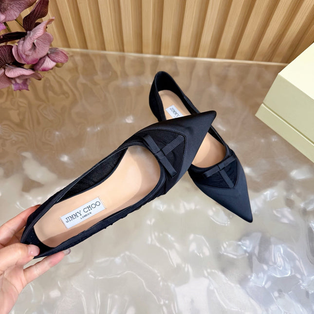 JIMMY CHOO 26S FLATS IN BLACK MESH AND SATIN