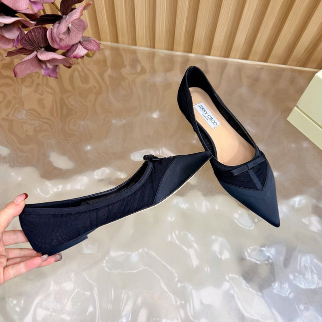 JIMMY CHOO 26S FLATS IN BLACK MESH AND SATIN