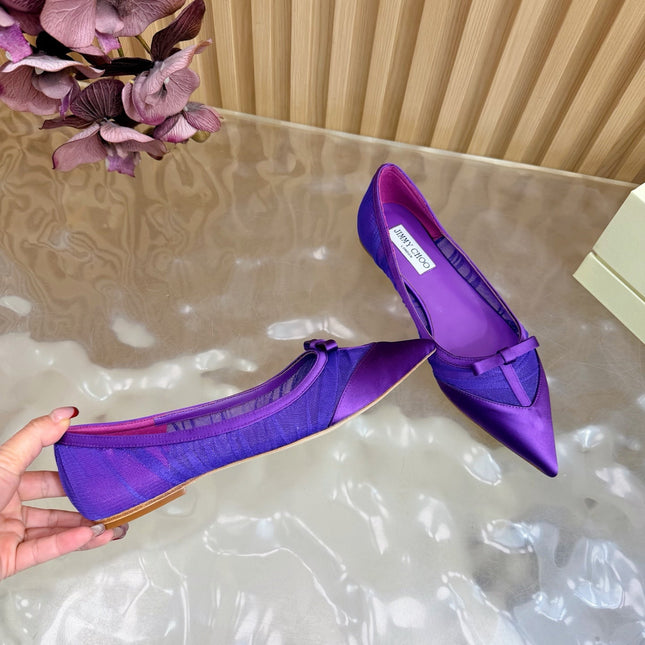 JIMMY CHOO 26S FLATS IN DARK PURPLE LACE AND SATIN