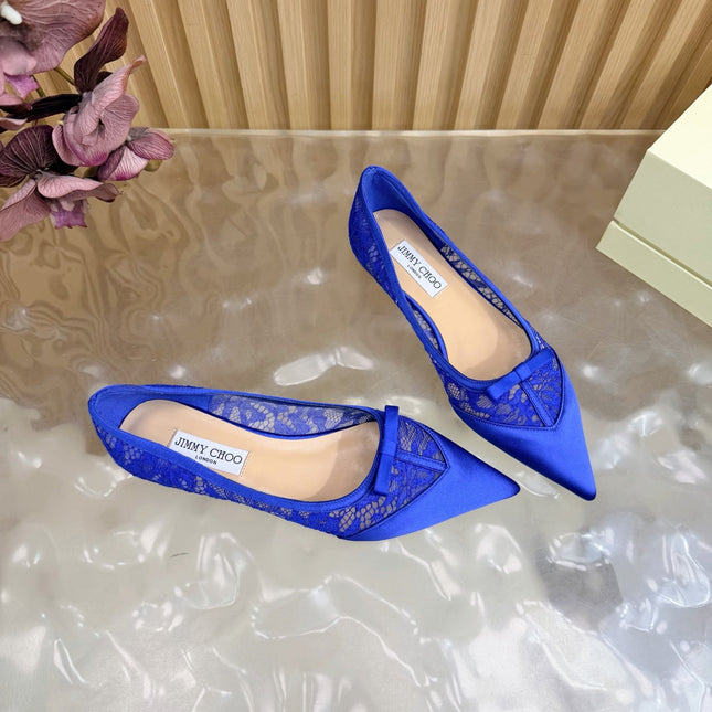JIMMY CHOO 26S FLATS IN DARK BLUE LACE AND SATIN