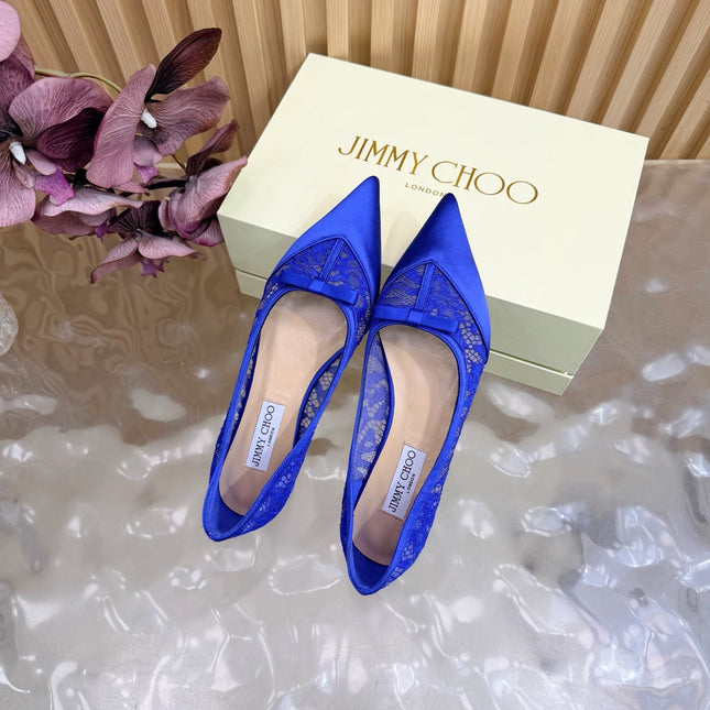 JIMMY CHOO 26S FLATS IN DARK BLUE LACE AND SATIN