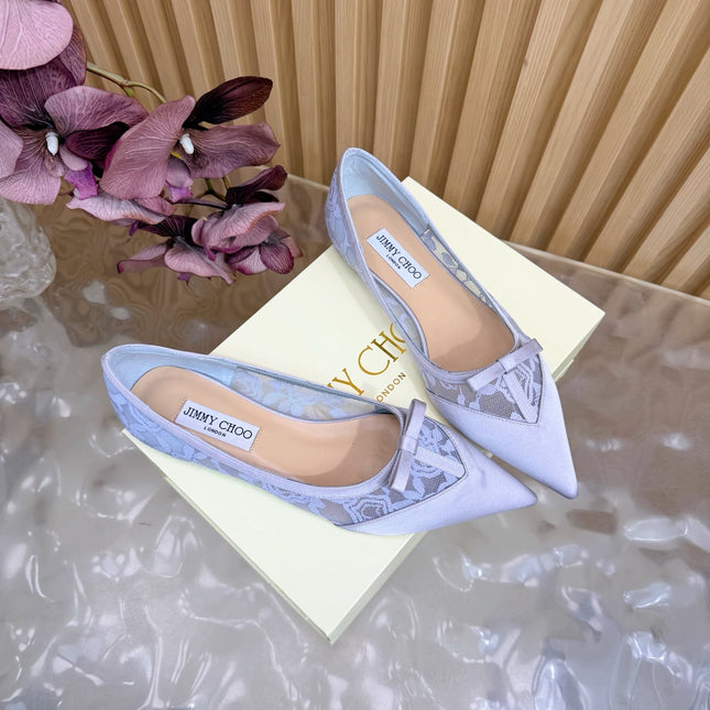 JIMMY CHOO 26S FLATS IN PASTEL BLUE LACE AND SATIN
