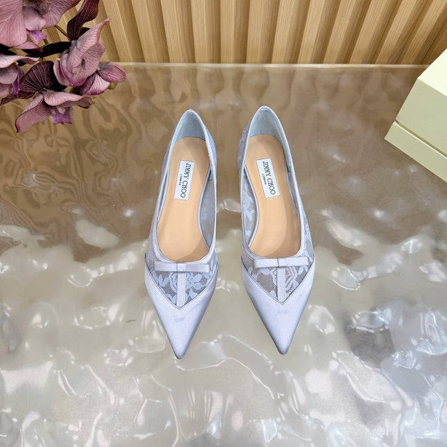 JIMMY CHOO 26S FLATS IN PASTEL BLUE LACE AND SATIN