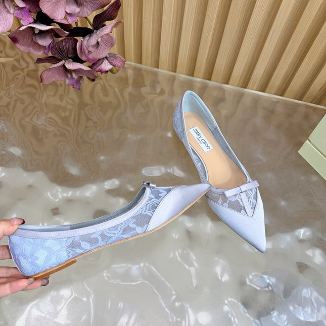 JIMMY CHOO 26S FLATS IN PASTEL BLUE LACE AND SATIN