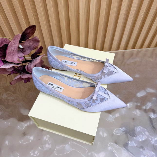 JIMMY CHOO 26S FLATS IN PASTEL BLUE LACE AND SATIN