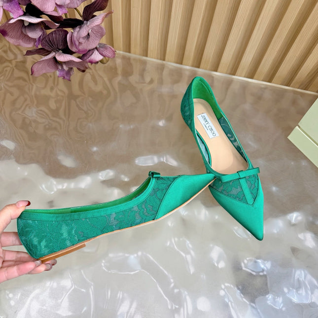 JIMMY CHOO 26S FLATS IN GREEN LACE AND SATIN