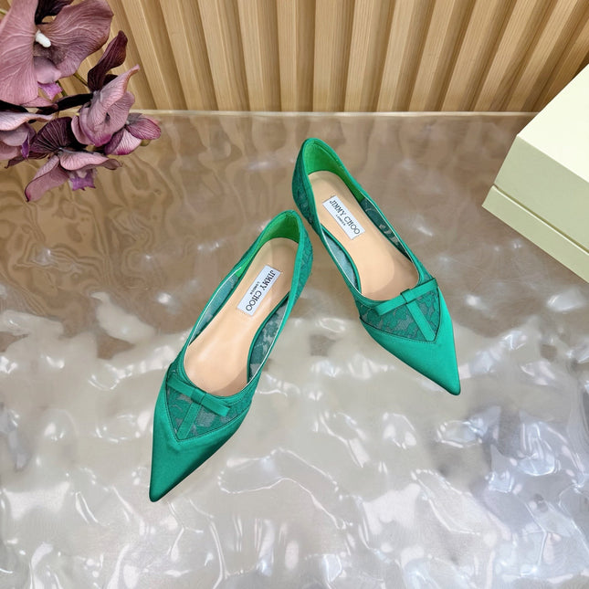 JIMMY CHOO 26S FLATS IN GREEN LACE AND SATIN