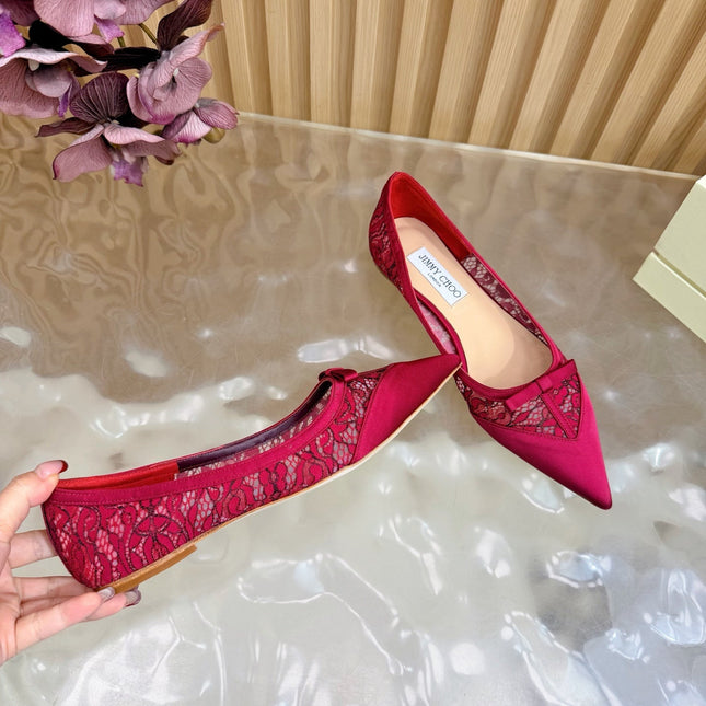 JIMMY CHOO 26S FLATS IN RED LACE AND SATIN