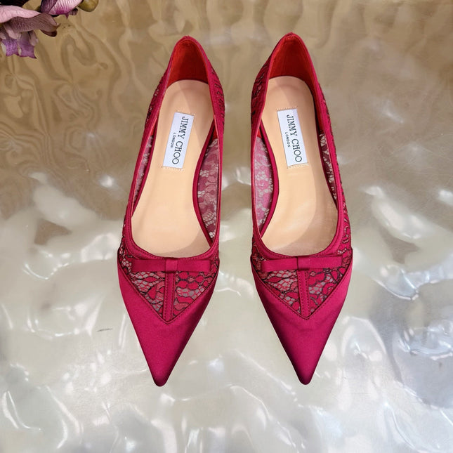JIMMY CHOO 26S FLATS IN RED LACE AND SATIN