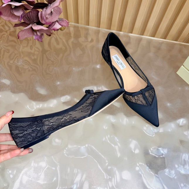 JIMMY CHOO 26S FLATS IN BLACK LACE AND SATIN