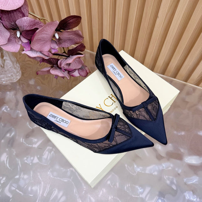 JIMMY CHOO 26S FLATS IN BLACK LACE AND SATIN