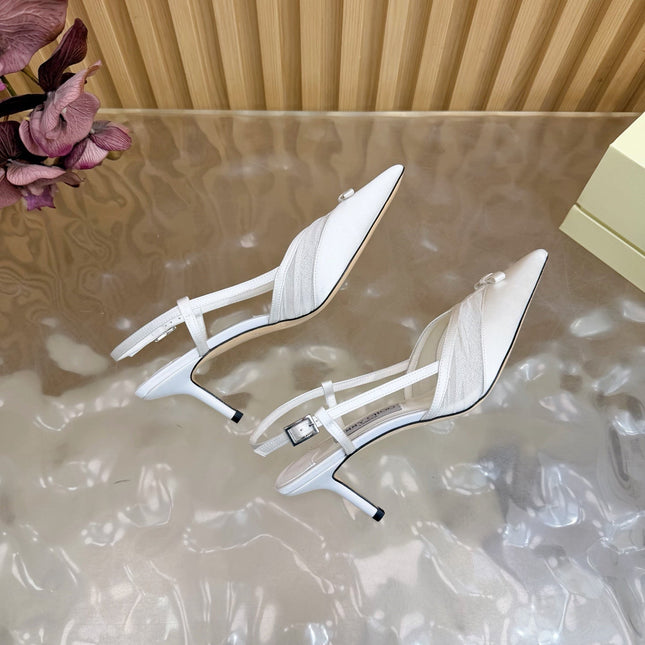 JIMMY CHOO 26S SLINGBACK HEELS 65 MM IN WHITE MESH AND SATIN