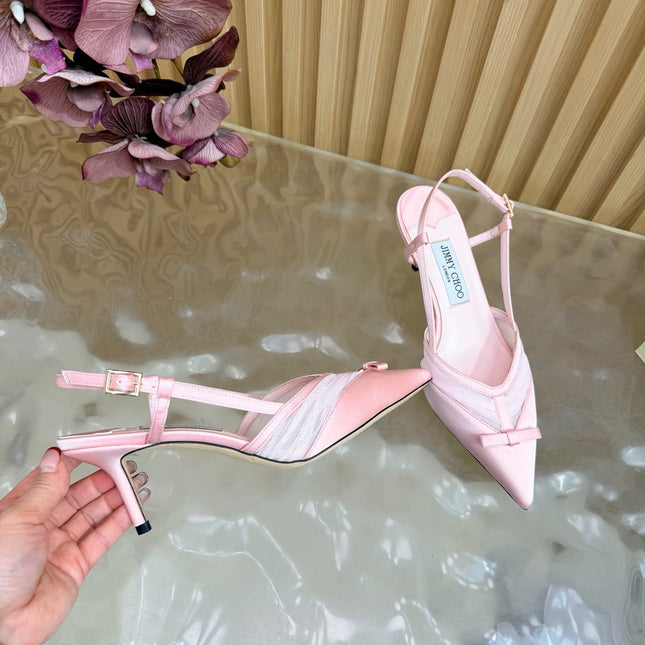 JIMMY CHOO 26S SLINGBACK HEELS 65 MM IN LIGHT PINK MESH AND SATIN