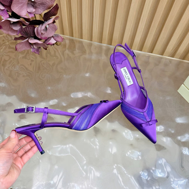 JIMMY CHOO 26S SLINGBACK HEELS 65 MM IN DARK PURPLE MESH AND SATIN