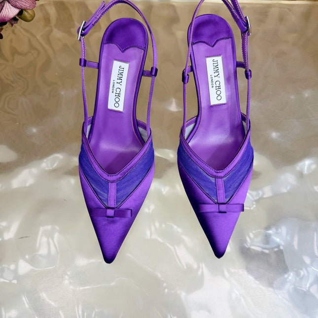 JIMMY CHOO 26S SLINGBACK HEELS 65 MM IN DARK PURPLE MESH AND SATIN