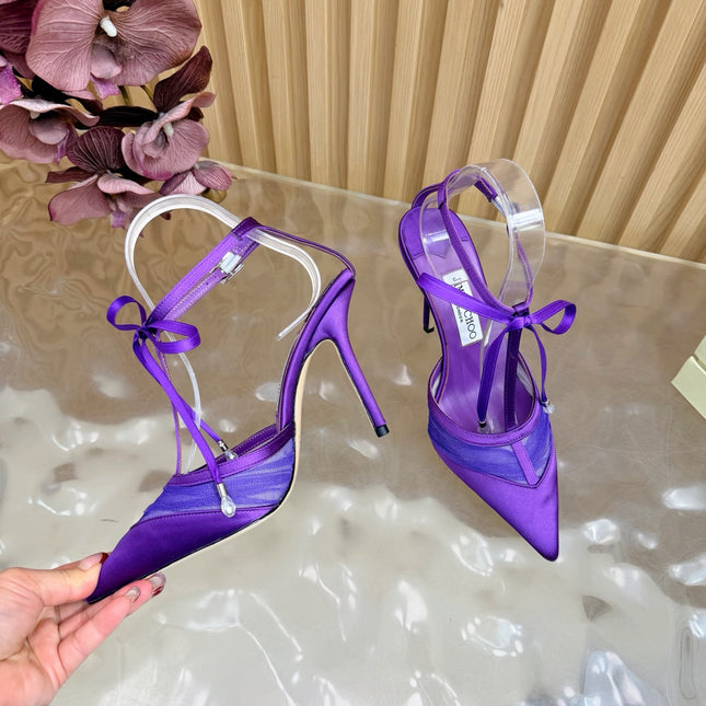 JIMMY CHOO 26S HIGH HEELS 105 MM IN DARK PURPLE MESH AND SATIN