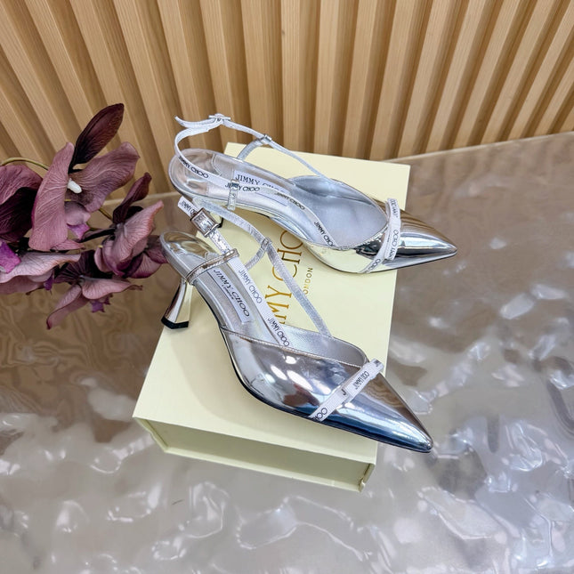 JIMMY CHOO 26S SLINGBACK HEELS 65 MM IN SILVER PATENT CALFSKIN