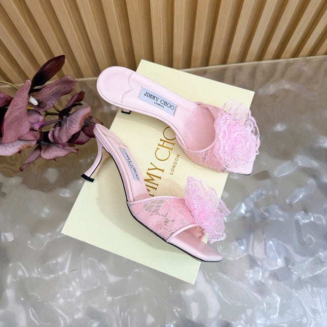 JIMMY CHOO 26S HIGH-HEELED SANDALS 65 MM IN LIGHT PINK LACE FLOWER