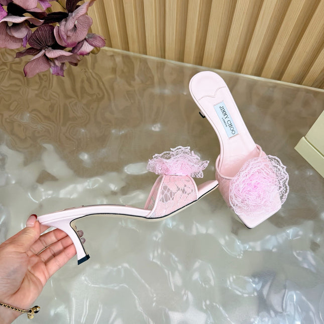 JIMMY CHOO 26S HIGH-HEELED SANDALS 65 MM IN LIGHT PINK LACE FLOWER