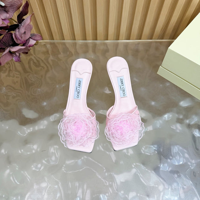 JIMMY CHOO 26S HIGH-HEELED SANDALS 65 MM IN LIGHT PINK LACE FLOWER