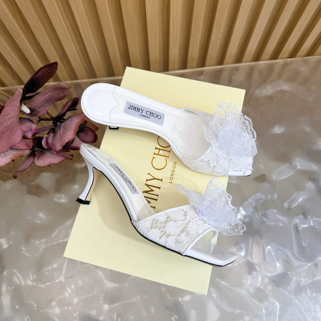 JIMMY CHOO 26S HIGH-HEELED SANDALS 65 MM IN WHITE LACE FLOWER