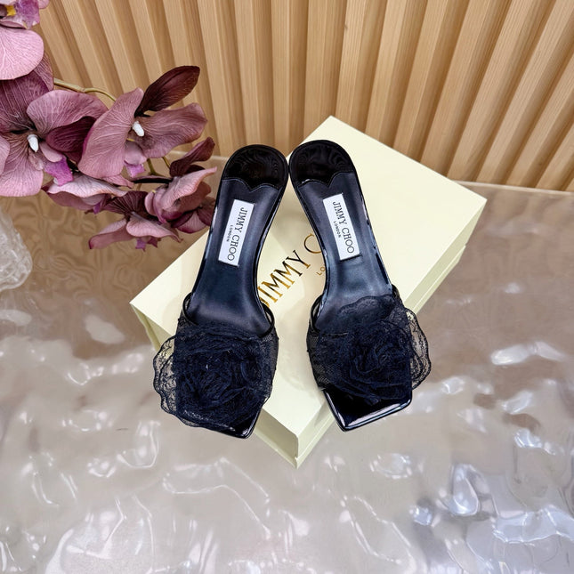 JIMMY CHOO 26S HIGH-HEELED SANDALS 65 MM IN BLACK LACE FLOWER