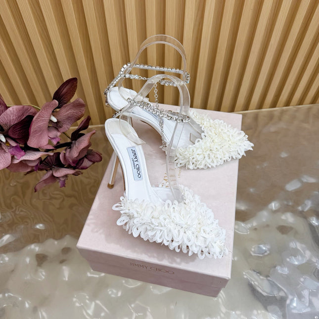 JIMMY CHOO 26S HIGH HEELS 100 MM IN WHITE FABRIC AND LAMBSKIN CRYSTAL STRAPS