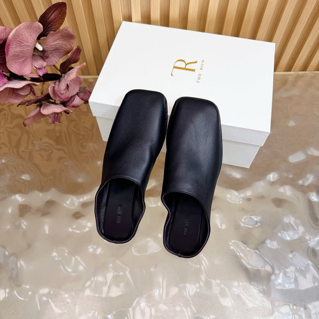 THE ROW 26S SQUARE TOE MULE FLATS IN BLACK CALFSKIN