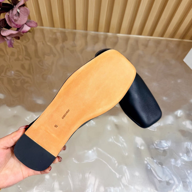 THE ROW 26S SQUARE TOE MULE FLATS IN BLACK CALFSKIN