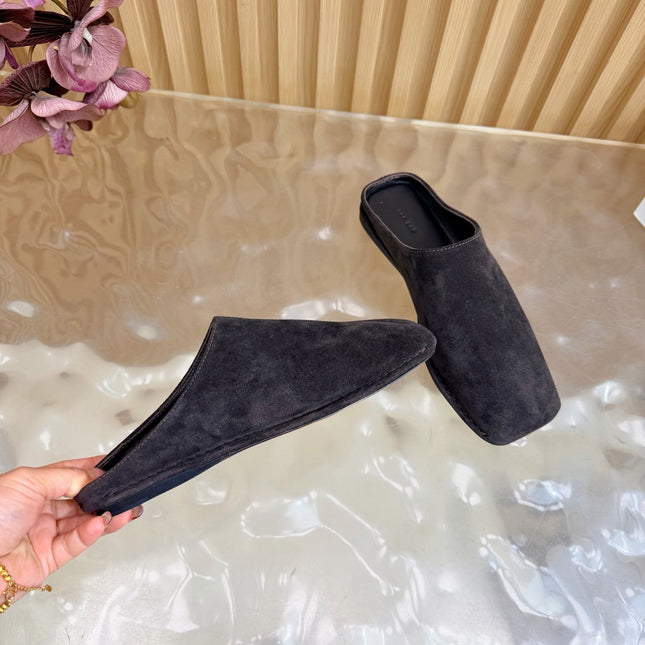 THE ROW 26S SQUARE TOE MULE FLATS IN DARK BROWN SUEDE