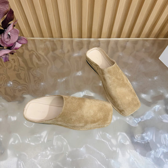 THE ROW 26S SQUARE TOE MULE FLATS IN CAMEL BROWN SUEDE