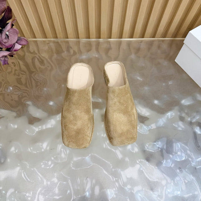 THE ROW 26S SQUARE TOE MULE FLATS IN CAMEL BROWN SUEDE