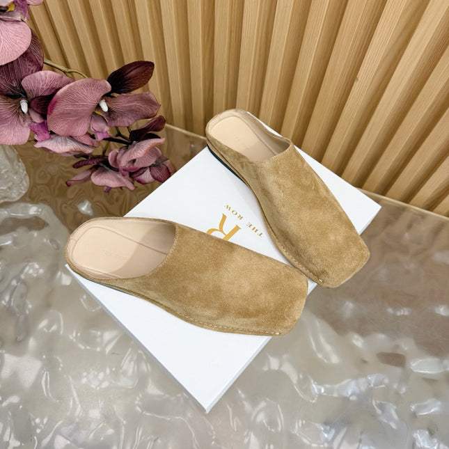 THE ROW 26S SQUARE TOE MULE FLATS IN CAMEL BROWN SUEDE