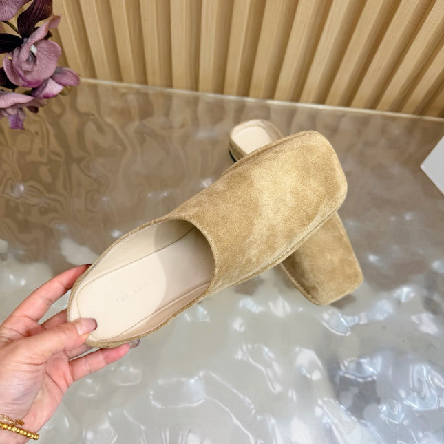 THE ROW 26S SQUARE TOE MULE FLATS IN CAMEL BROWN SUEDE