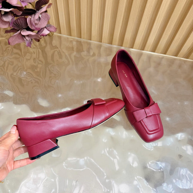 THE ROW 26S SQUARE TOE PUMPS IN DARK RED CALFSKIN WITH BOW