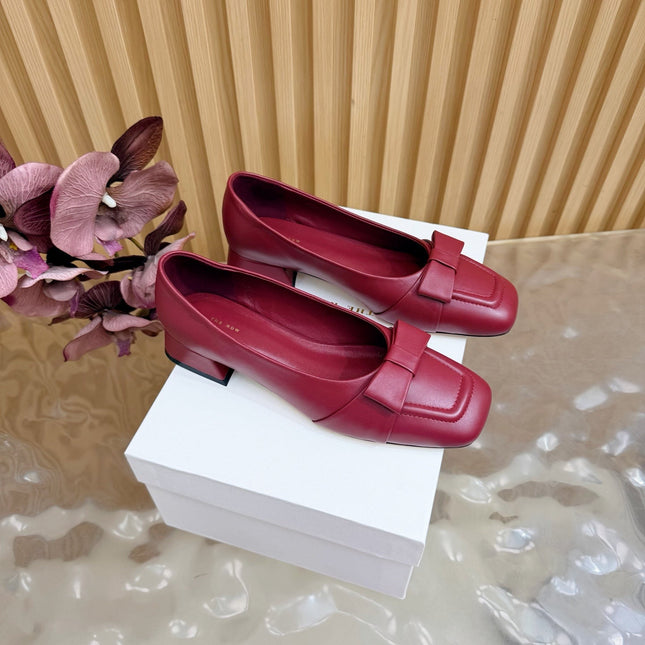 THE ROW 26S SQUARE TOE PUMPS IN DARK RED CALFSKIN WITH BOW