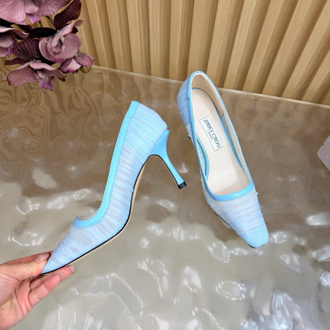 JIMMY CHOO 26S HIGH HEELS 85 MM IN LIGHT BLUE MESH