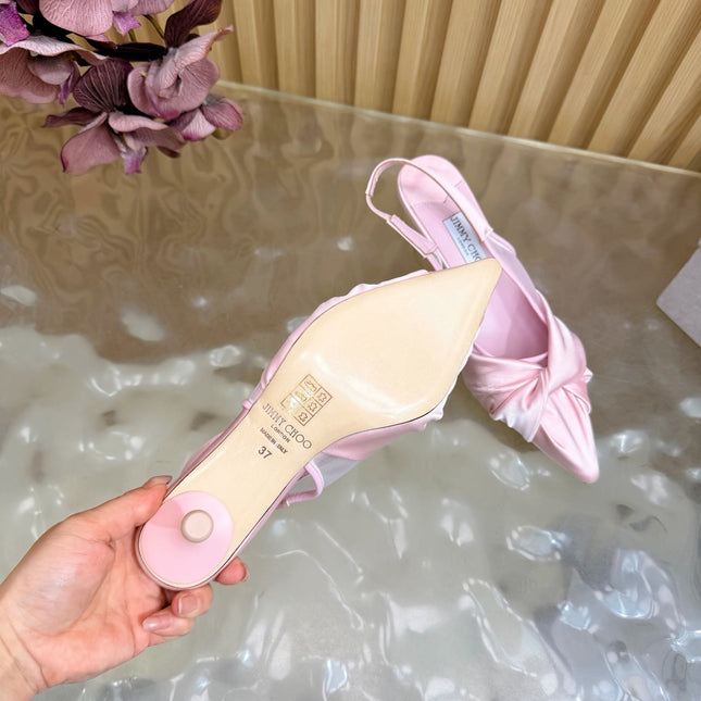 JIMMY CHOO 26S SLINGBACK HEELS 60 MM IN LIGHT PINK SATIN WITH KNOT DETAIL