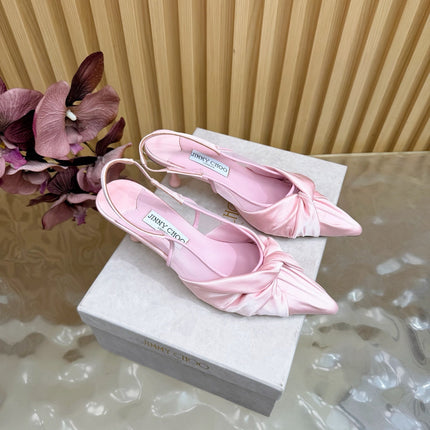 JIMMY CHOO 26S SLINGBACK HEELS 60 MM IN LIGHT PINK SATIN WITH KNOT DETAIL