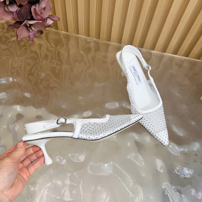 JIMMY CHOO 26S SLINGBACK HEELS 60 MM IN WHITE MESH & CRYSTALS